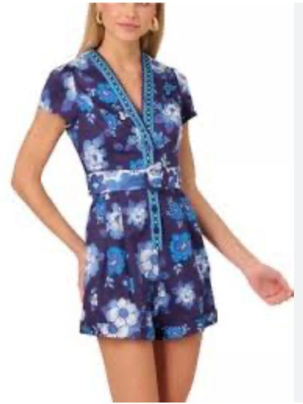 Adrianna Papell Women's Blue Floral Print Belted Romper Size 10
